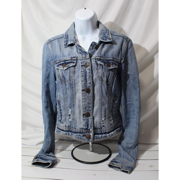 American Eagle Cropped Blue Denim Jean Jacket Distress Women's M Thrashed Grunge - Picture 1 of 11